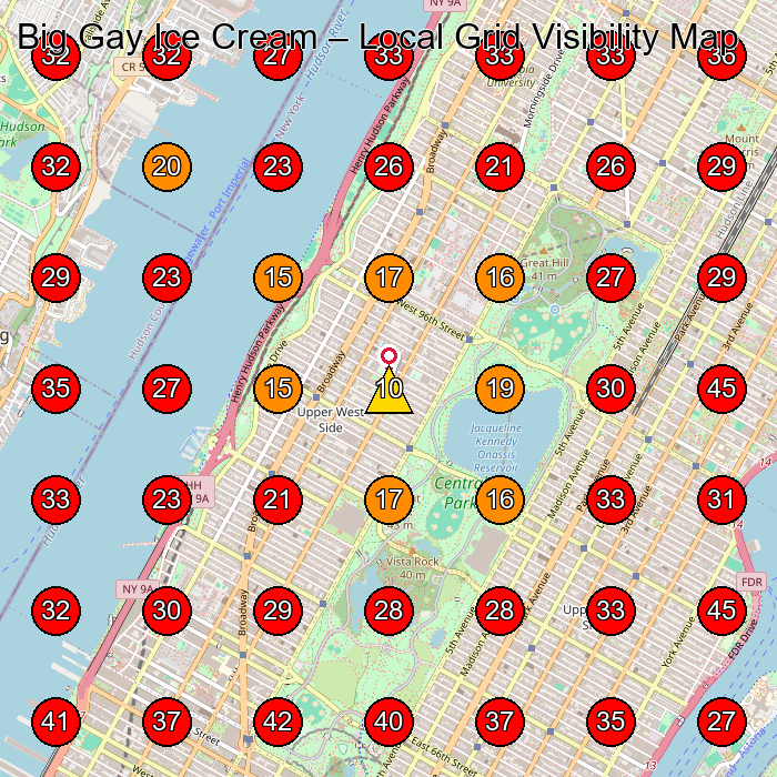 Big Gay Ice Cream GeoGrid visibility map for Ice Cream Shop in Bronx